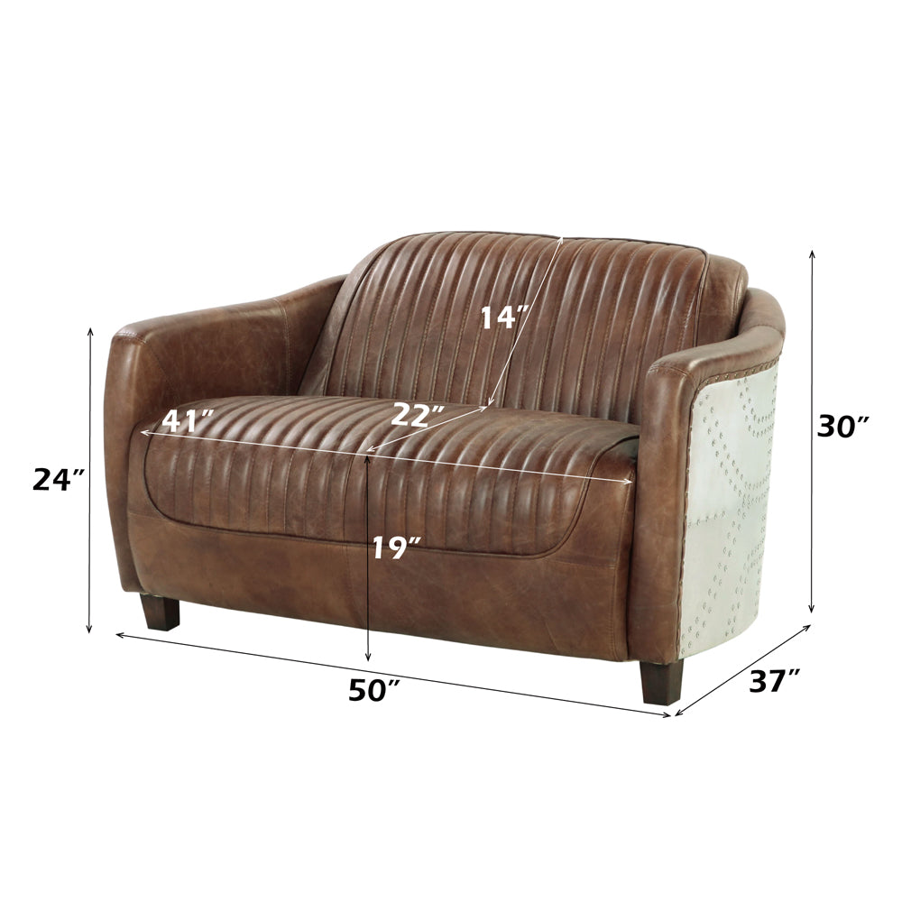 Brancaster Brown  Leather & Aluminium Loveseat - Ornate Home