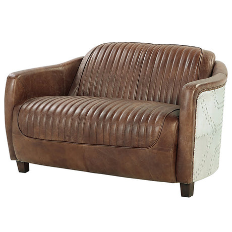 Brancaster Brown  Leather & Aluminium Loveseat - Ornate Home