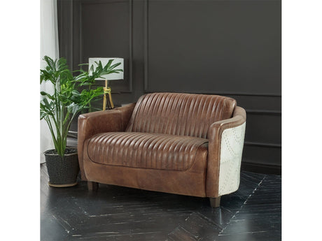 Brancaster Brown  Leather & Aluminium Loveseat - Ornate Home