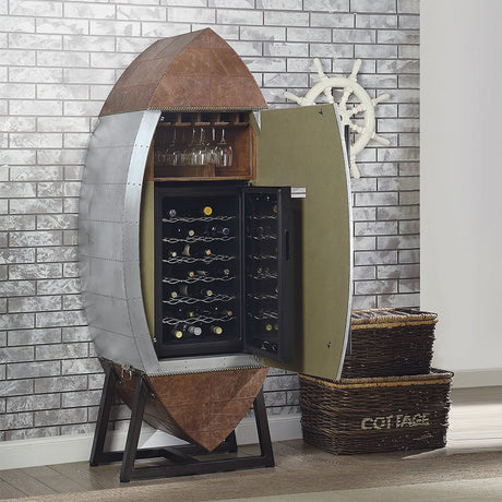 Brancaster Brown Leather & Aluminum Wine Cabinet - Ornate Home