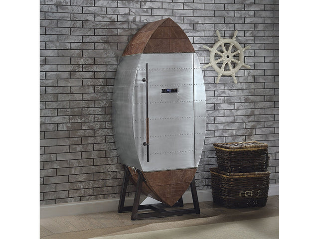 Brancaster Brown Leather & Aluminum Wine Cabinet - Ornate Home