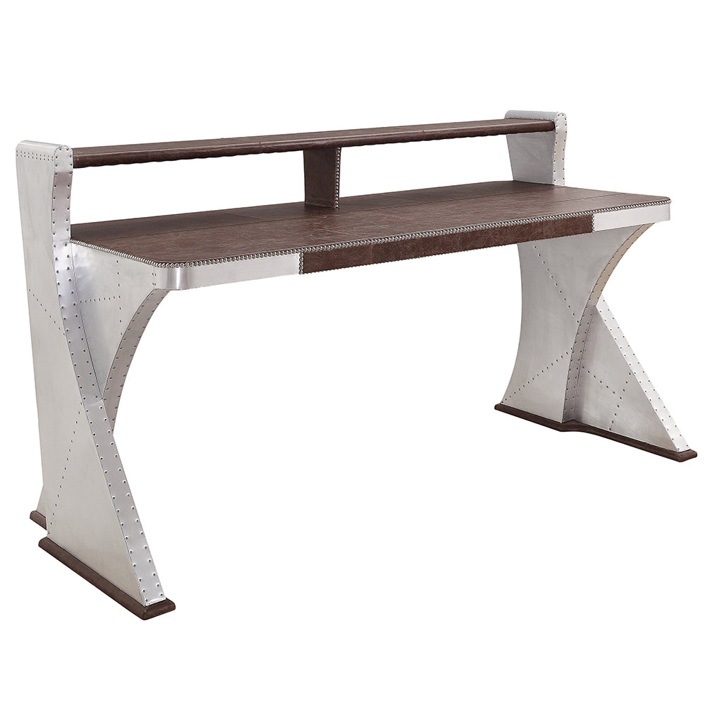 Brancaster Retro Brown Top Grain Leather & Aluminum Desk - Ornate Home