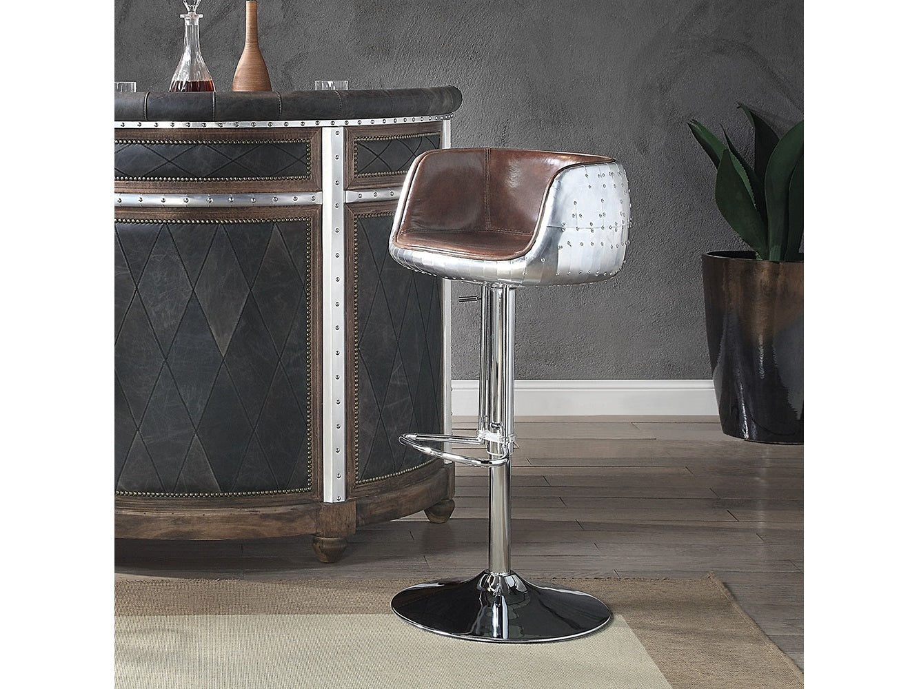 Brancaster Vintage Brown Leather Swivel Bar Stool / 1pc - Ornate Home