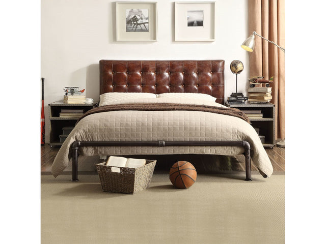 Brancaster Vintage Brown Top Grain Leather Queen Bed - Ornate Home