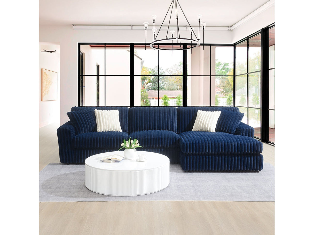 Breton Blue Corduroy Sectional Sofa w/4 Pillows - Ornate Home