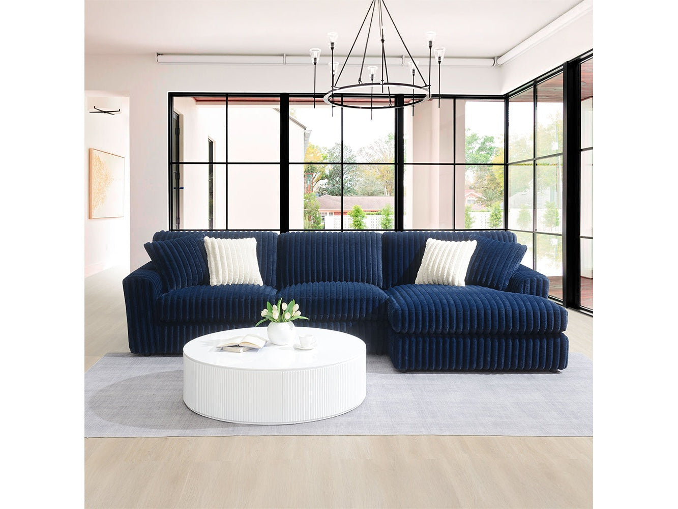 Breton Blue Corduroy Sectional Sofa w/4 Pillows - Ornate Home