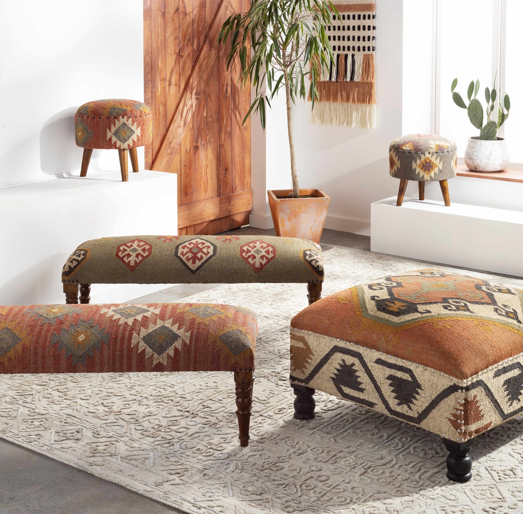 Brick Red Wood Frame Ottoman Stool - Clearance - Ornate Home