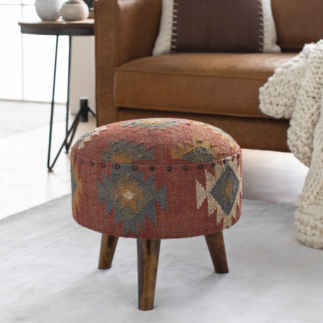 Brick Red Wood Frame Ottoman Stool - Ornate Home