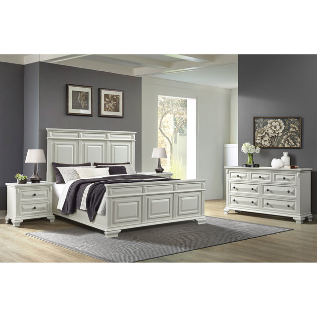 Bridgestone Antique White 4-Piece King Bedroom Set with 2 Nightstands & Dresser - Ornate Home