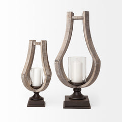 Brillion Brown Large Rustic Wood Metal Table Candle Holder - Ornate Home