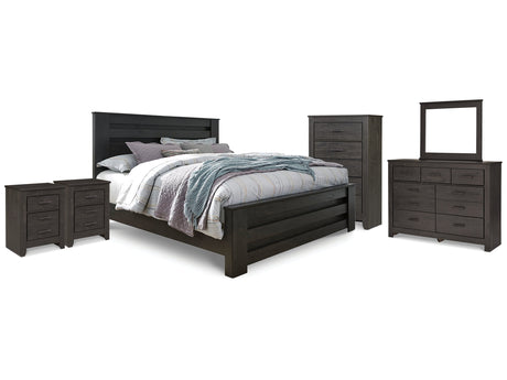Brinxton Charcoal King Panel Bed & Dresser Mirror & Chest & 2 Nightstands - Ornate Home