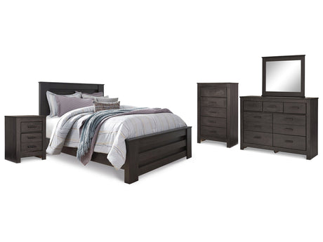 Brinxton Charcoal Queen Panel Bed & Dresser & Mirror & Chest & Nightstand - Ornate Home