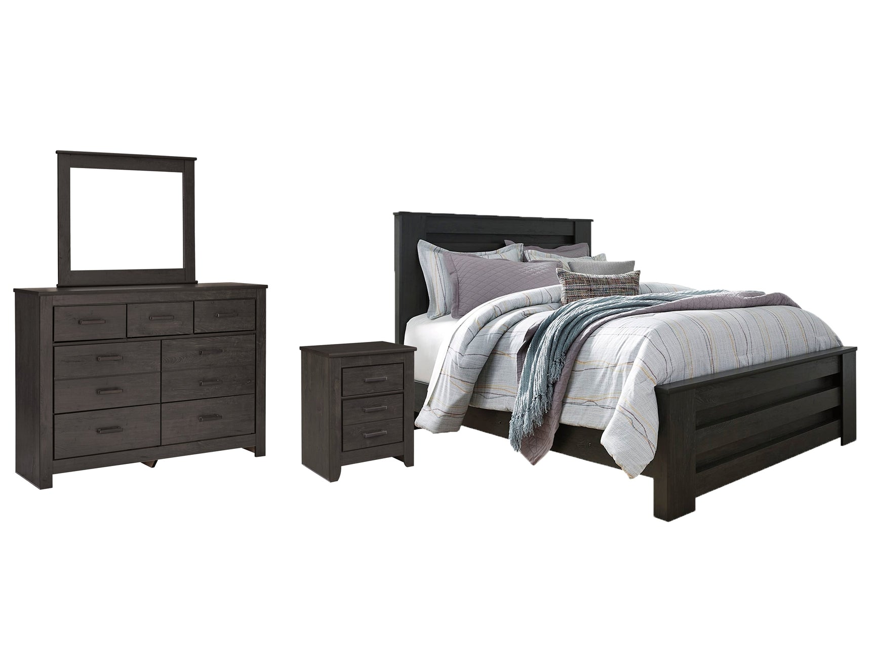 Brinxton Charcoal Queen Panel Bedroom Set with Dresser, Mirror and Nightstand - Ornate Home