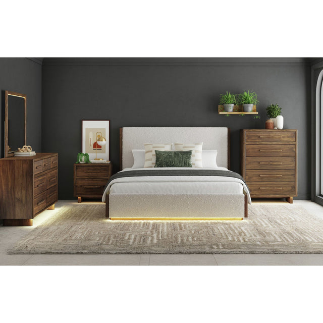 Brisbane Brown/Boucle Beige 5-Piece King UPH Bedroom Set with LED - Ornate Home