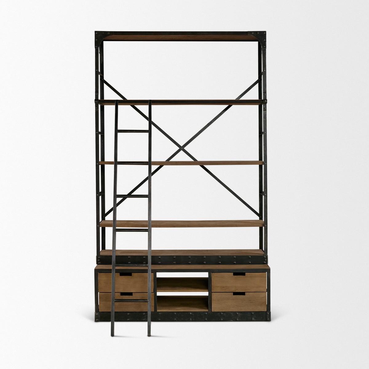 Brodie Brown/Gunmetal Wood Ladder Four Shelf Shelving Unit - Ornate Home