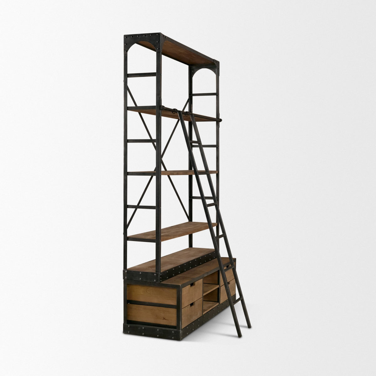 Brodie Brown/Gunmetal Wood Ladder Four Shelf Shelving Unit - Ornate Home
