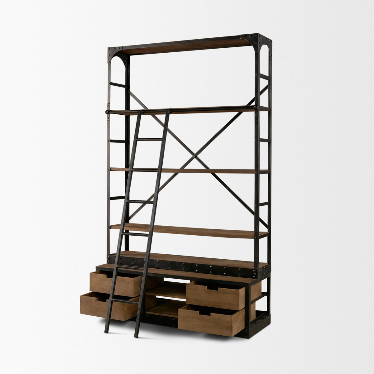 Brodie Brown/Gunmetal Wood Ladder Four Shelf Shelving Unit - Ornate Home