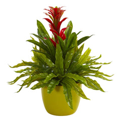 Bromeliad and Fern Artificial Plant in Green Vase - Ornate Home