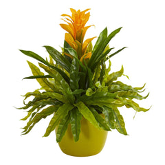Bromeliad and Fern Artificial Plant in Green Vase - Ornate Home