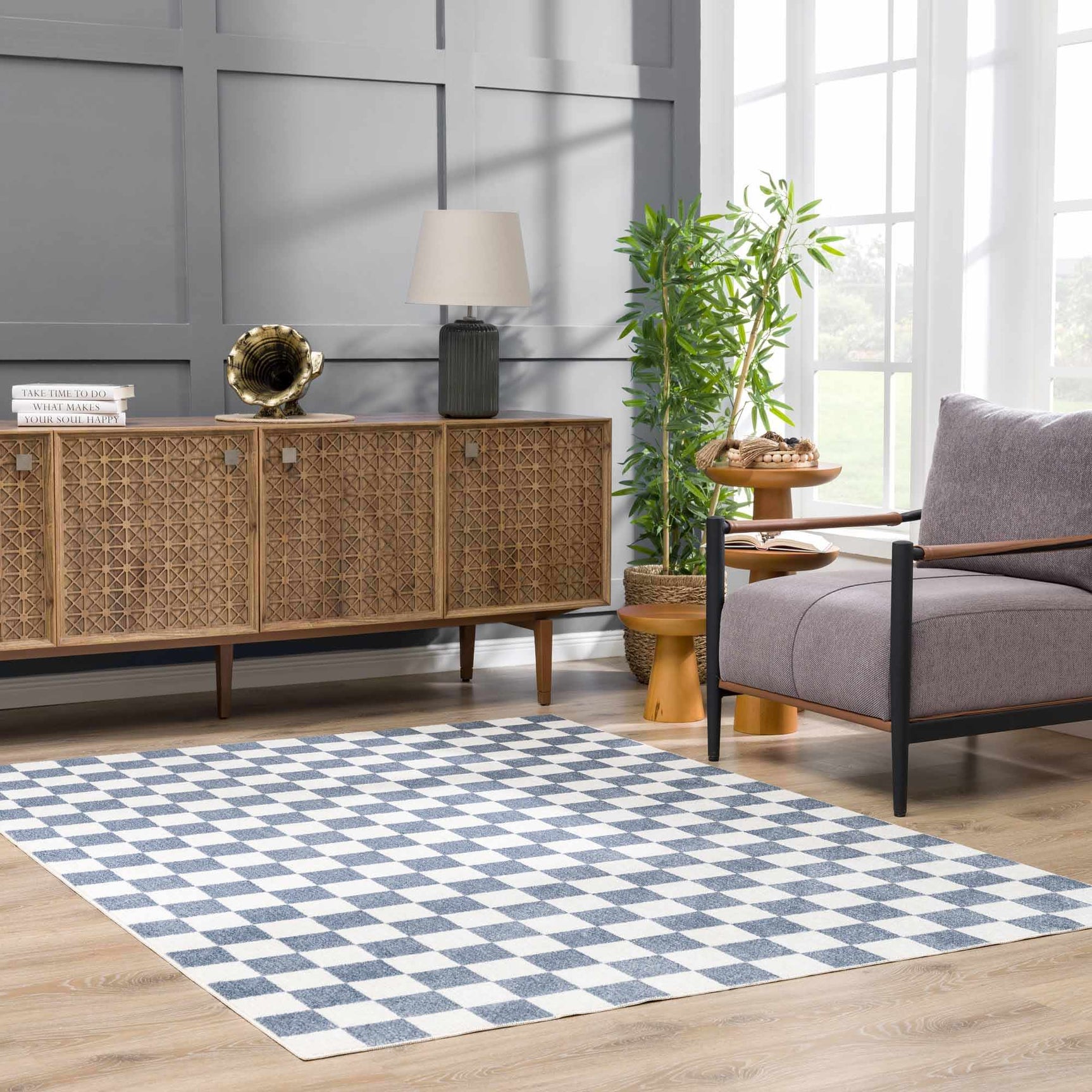 Brone Blue Checkered Washable Rug - Ornate Home