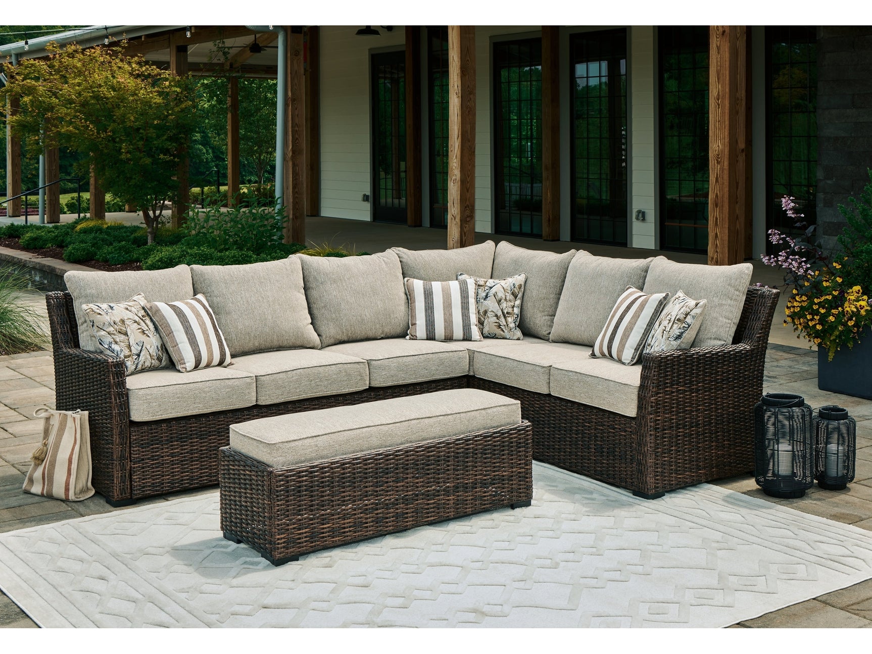 Brook Ranch Brown Outdoor Sofa Sectional/Bench with Cushion (Set of 3) - Ornate Home