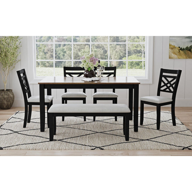 Brooks Medium Brown/Black 6PC Dining Set with Table, 4 Wood Back and UPH Seat Chairs, and Bench - Ornate Home