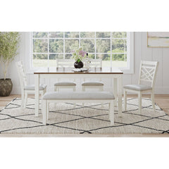 Brooks Medium Brown/White 6PC Dining Set with Table, 4 Wood Back and UPH Seat Chairs, and Bench - Ornate Home