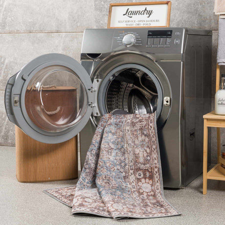 Brown Blue Dauis Vintage Washable Area Rug - Clearance - Ornate Home