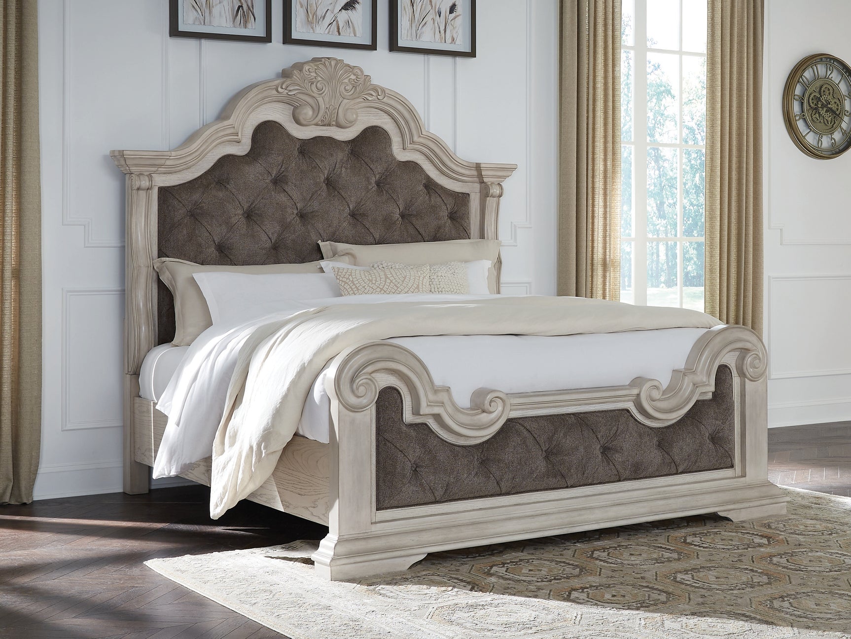 Bruchandi Antique White King Upholstered Panel Bed - Ornate Home