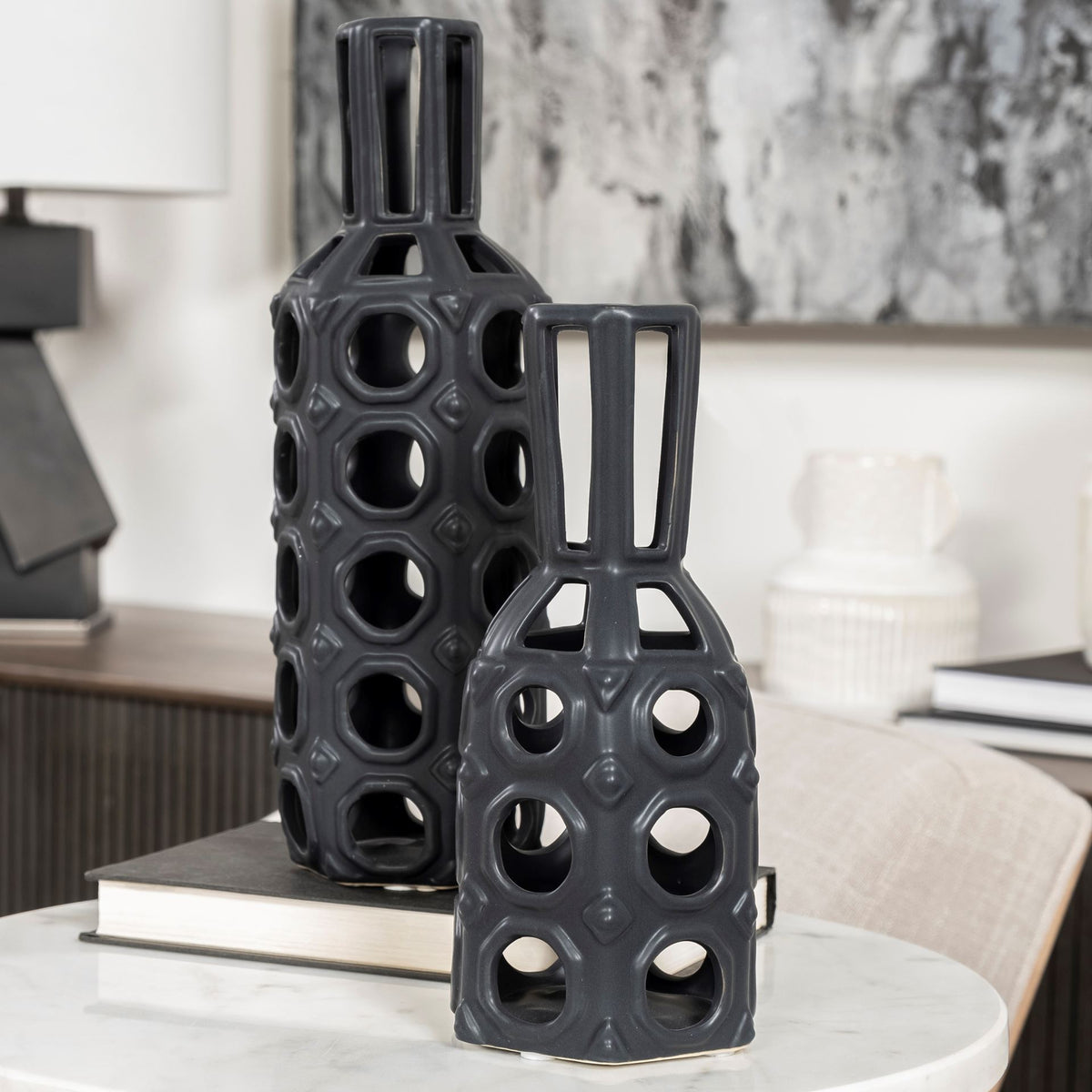 Brunel Black Large Drum-Shaped Ceramic Vase - Ornate Home