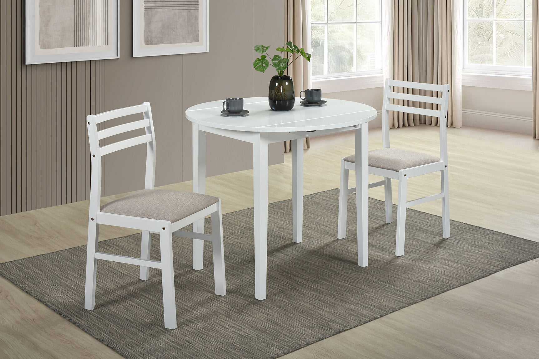 Bucknell White 3-piece Round Drop Leaf Dining Table Set - Ornate Home