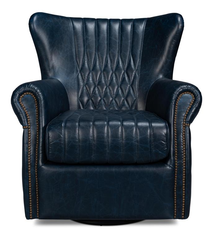Bugatti Blue Leather Swivel Chair - Ornate Home