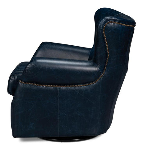 Bugatti Blue Leather Swivel Chair - Ornate Home