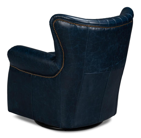 Bugatti Blue Leather Swivel Chair - Ornate Home