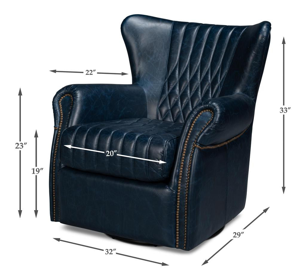 Bugatti Blue Leather Swivel Chair - Ornate Home