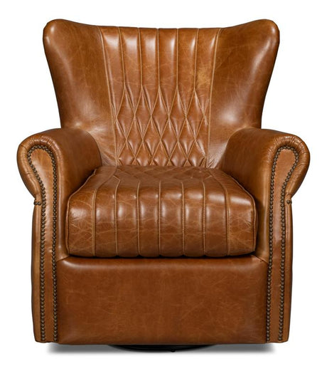Bugatti Brown Leather Swivel Chair - Ornate Home