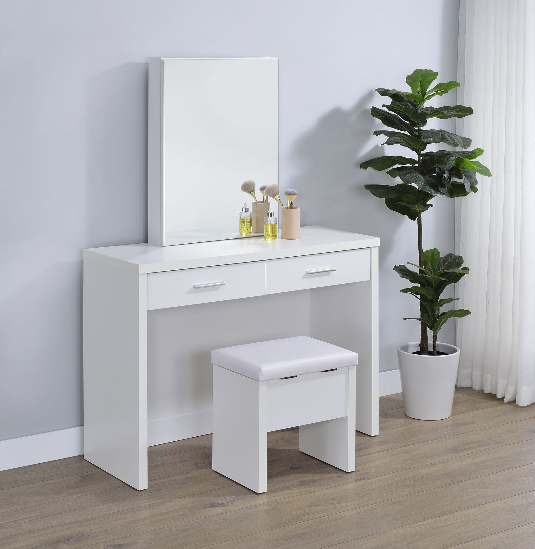 Bunbury White Makeup Vanity Table Set Storage Mirror and Stool - Ornate Home