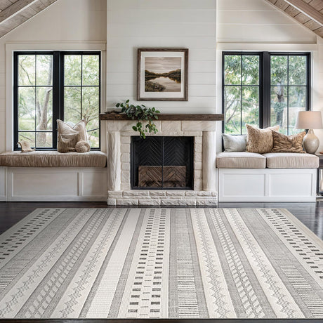 Bunny Gray White Geometric Modern Scandinavian Striped Micro Loop Soft Non Shedding Area Rugs - Ornate Home