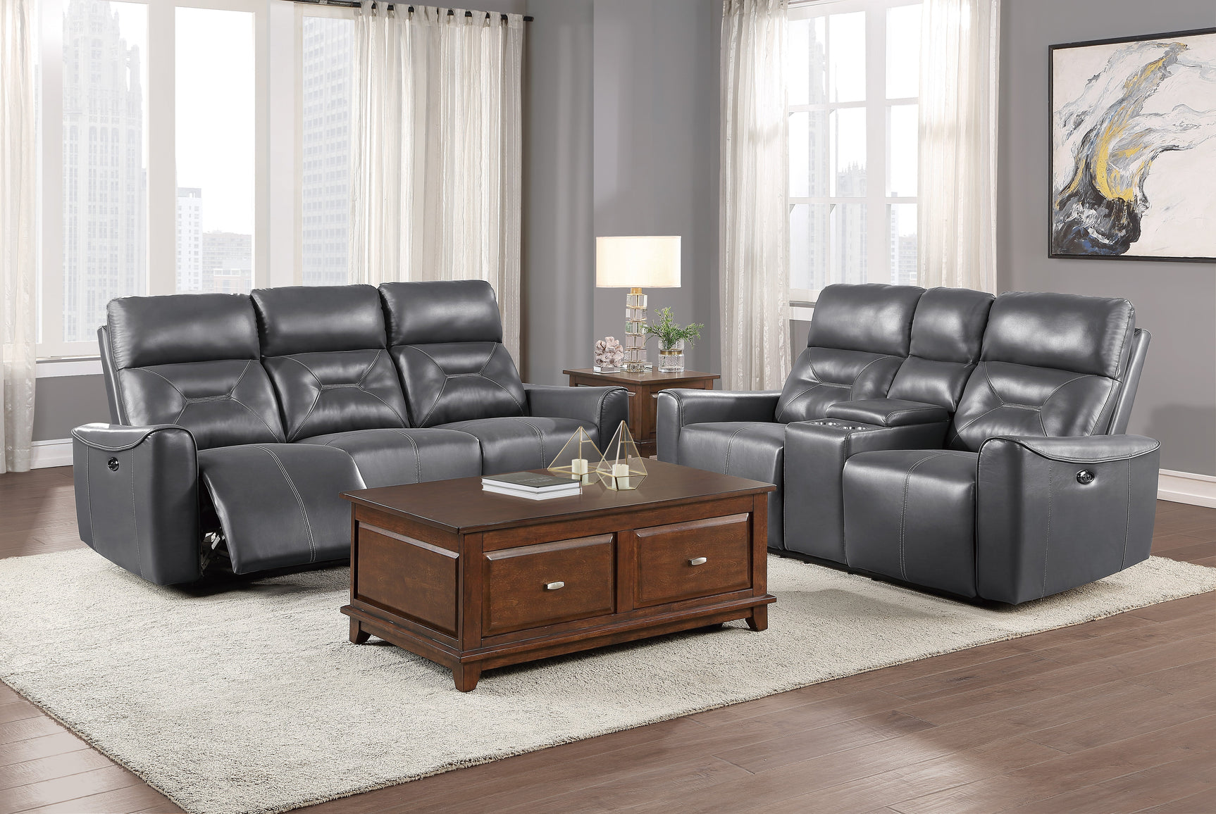Burwell Dark Gray Power Double Reclining Sofas - Ornate Home