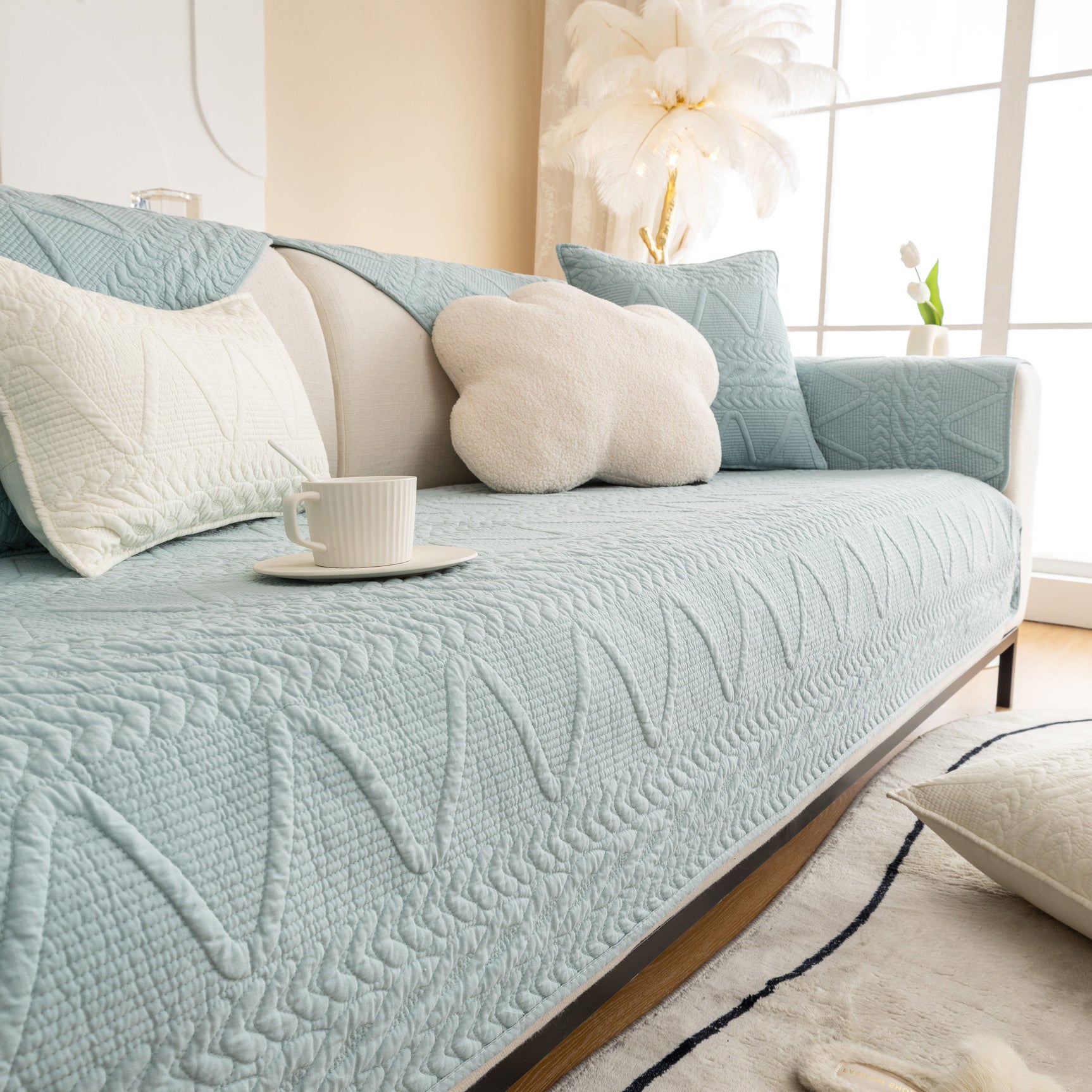 Geometric Textured Cotton Quilted Sofa Cover, Non-Slip Washable Couch Protector
