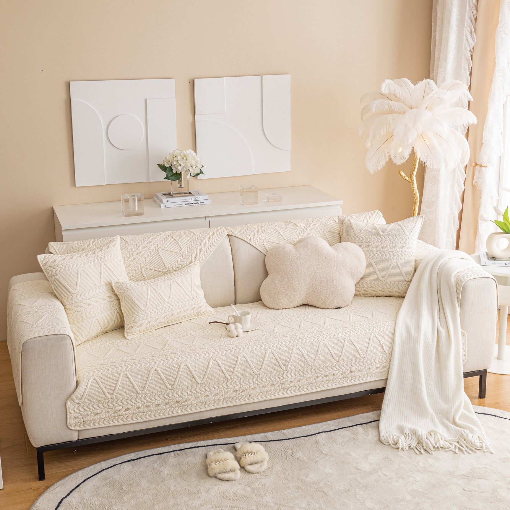 Geometric Textured Cotton Quilted Sofa Cover, Non-Slip Washable Couch Protector