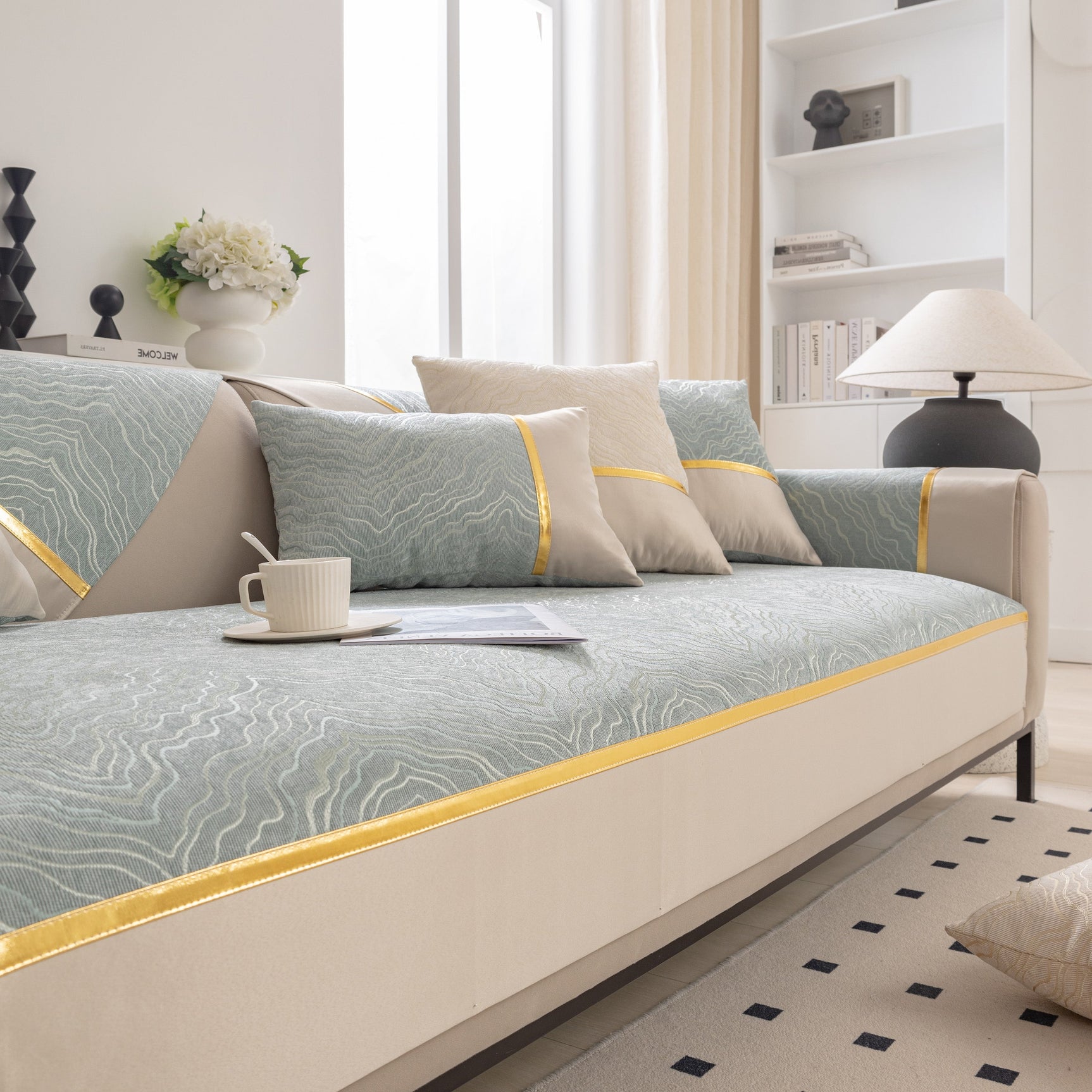 Modular Sofa Cover for Sectionals, Gold Striped Non-Slip Couch Protector