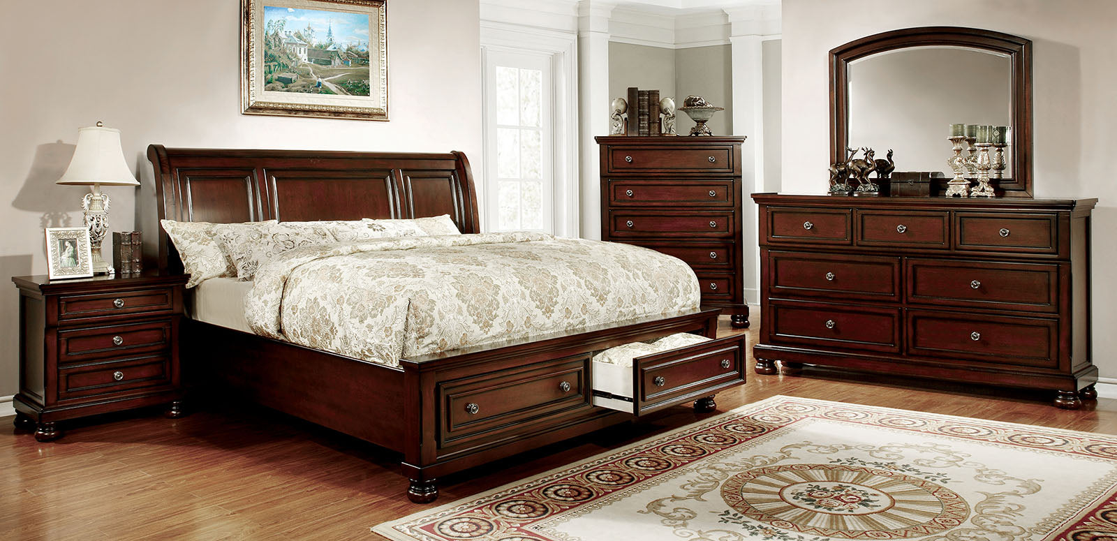 Northville Dark Cherry 5 Pc. Queen Bedroom Set w/ 2NS - Ornate Home