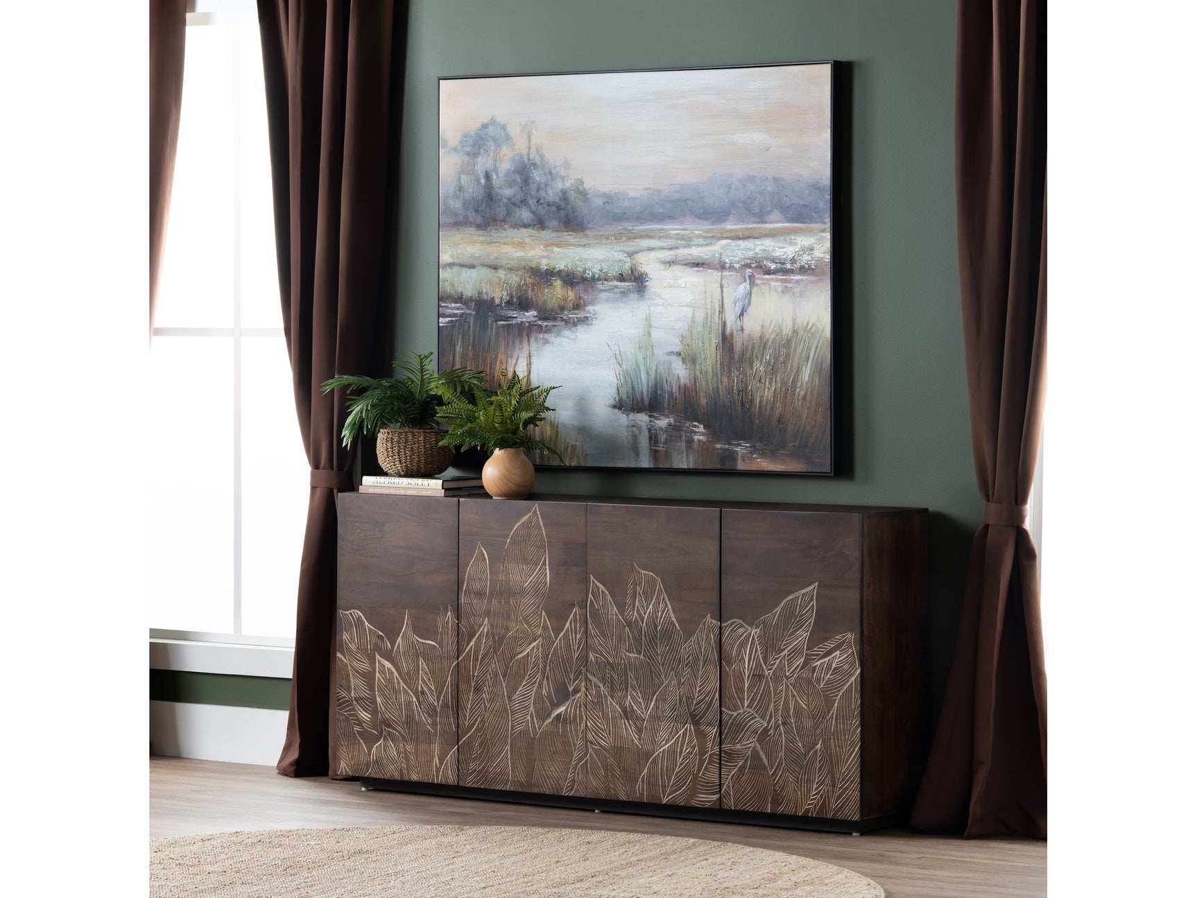 Gazing Egret Green/Brown Canvas