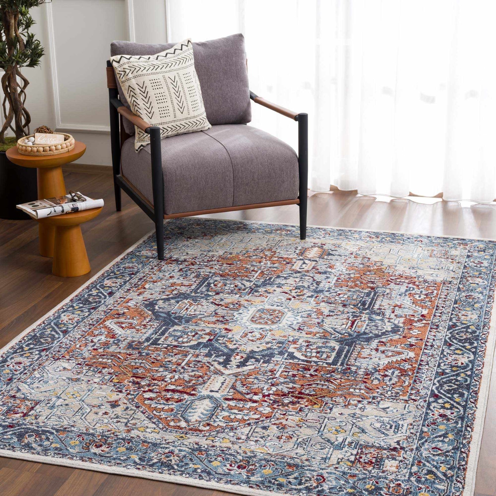 Cabacungan Blue & Rust Washable Area Rug - Clearance - Ornate Home