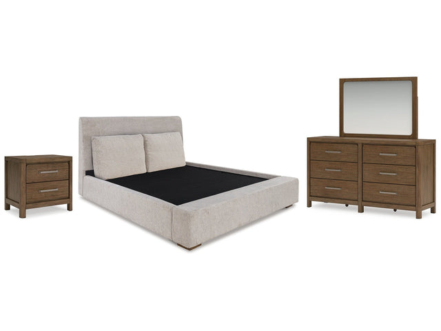 Cabalynn Light Brown King Upholstered Bedroom Set with Dresser, Mirror and Nightstand (Online Special Price) - Ornate Home