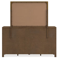 Cabalynn Light Brown King Upholstered Bedroom Set with Dresser, Mirror and Nightstand - Ornate Home