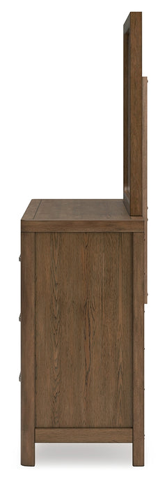 Cabalynn Light Brown King Upholstered Bedroom Set with Dresser, Mirror and Nightstand - Ornate Home