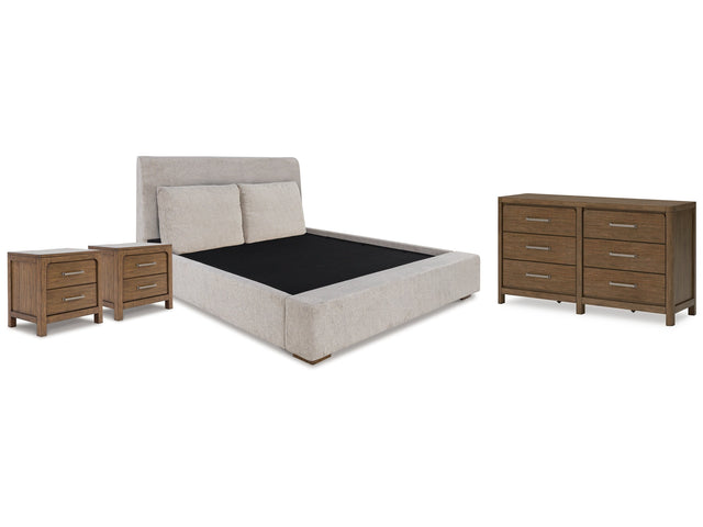 Cabalynn Light Brown King Upholstered Bedroom Set with Dresser and 2 Nightstands - Ornate Home