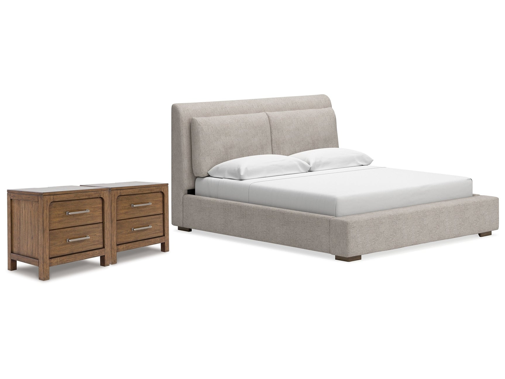 Cabalynn Oatmeal/Light Brown King Upholstered Bedroom Set with 2 Nightstands - Ornate Home